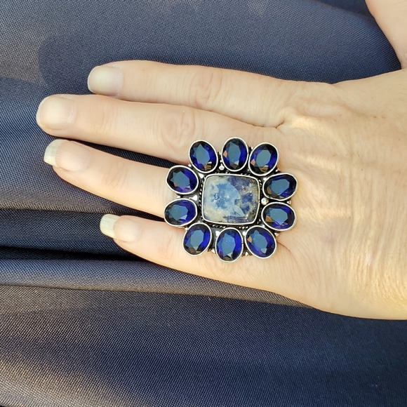 New Oversized Sodalite & Blue Topaz 925 Silver Statement Ring. - Picture 10 of 15